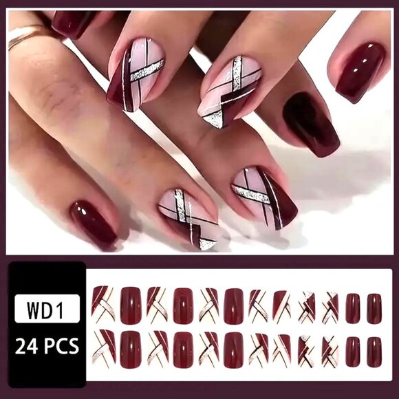 Nails Burgandy Glitter Press On Stylish 24 Stipe Glam Trendy Sexy Reusable Red - Picture 2 of 5